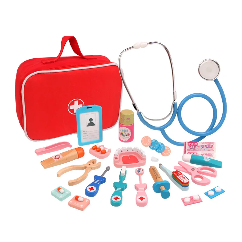 Kit de jouets de simulation en bois pour enfants, dentiste, médecin, infirmière, plis, ensemble de jeu, accessoires médicaux de simulation, sac pour garçon, fille, enfant