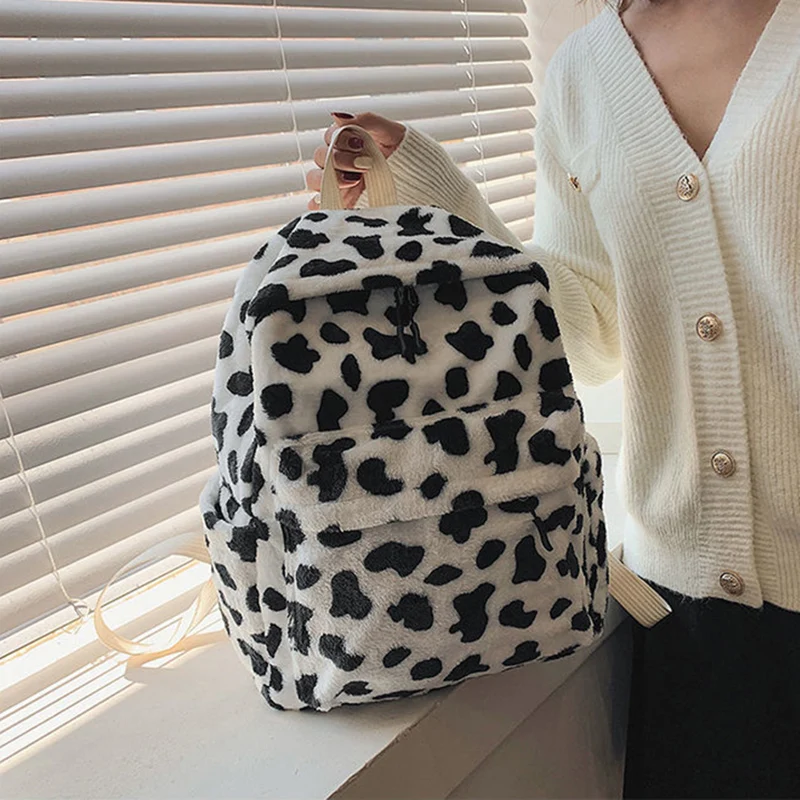 Winter Fashion Plush Backpack Shoulder Bags For Women Cute Cow Large Capacity Knapsack Student Book Bag Rucksack