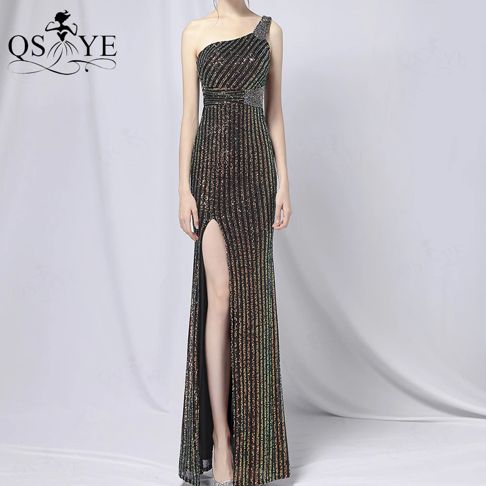 

Black Prom Dress Sparkle Twill Sequin One Shoulder Evening Gown Crystal Bead Strap Formal Party Dress Sexy Women Open Split Gown