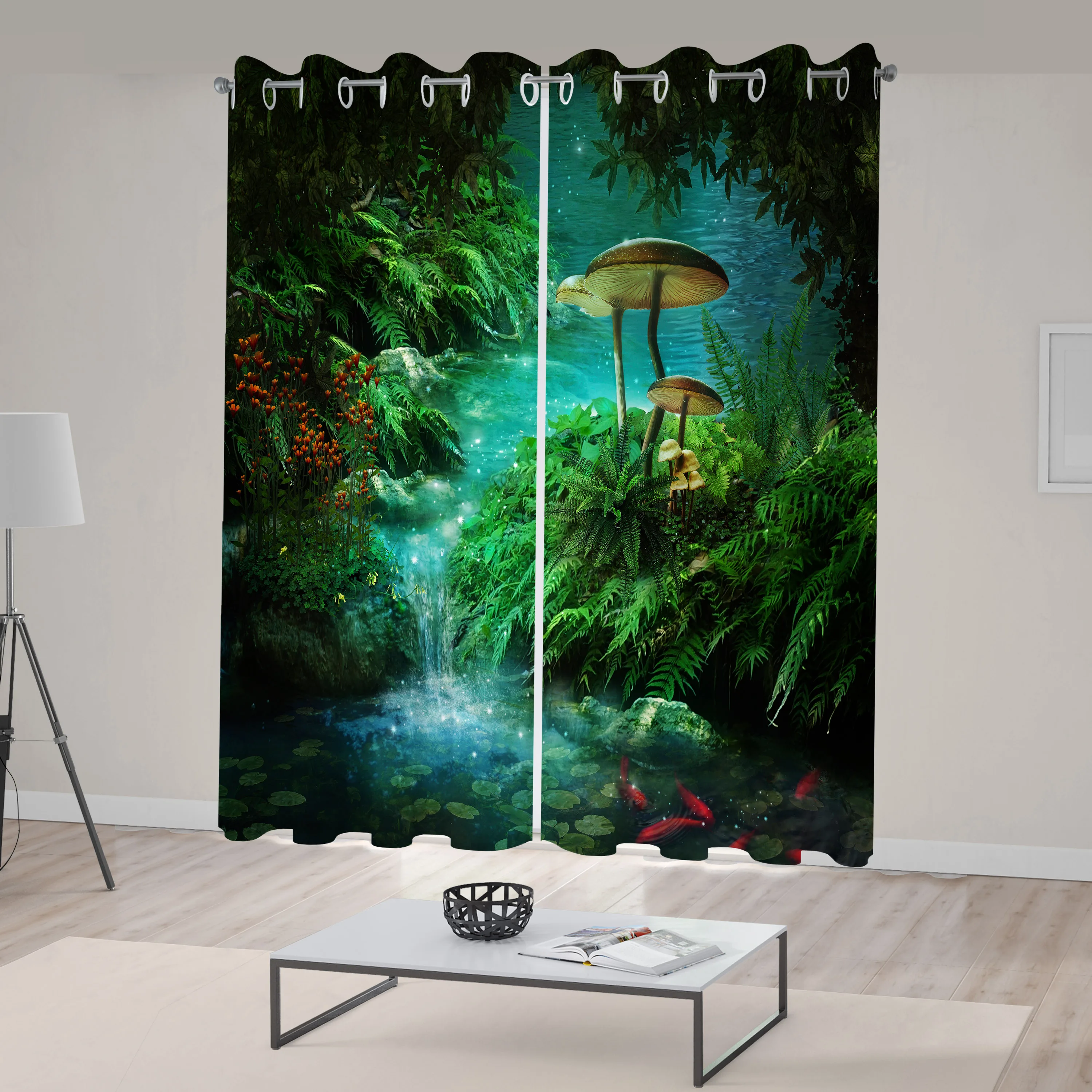 Fantasy Window Curtains View of Fantasy River with Pond and Fishes Mushroom in Jungle Trees Print Living Room Decor Bedroom