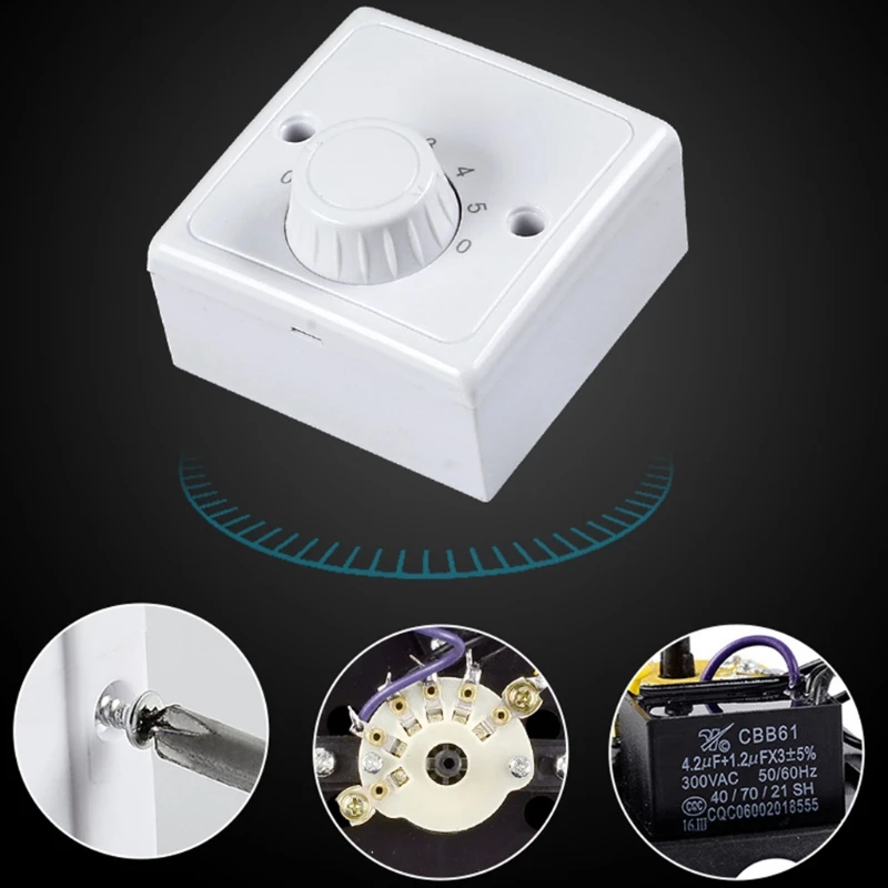 220V Universal Adjustment Ceiling Fan Speed Control Switch Wall Button Dimmer Switch Five Gears Fan Speed Adjuster