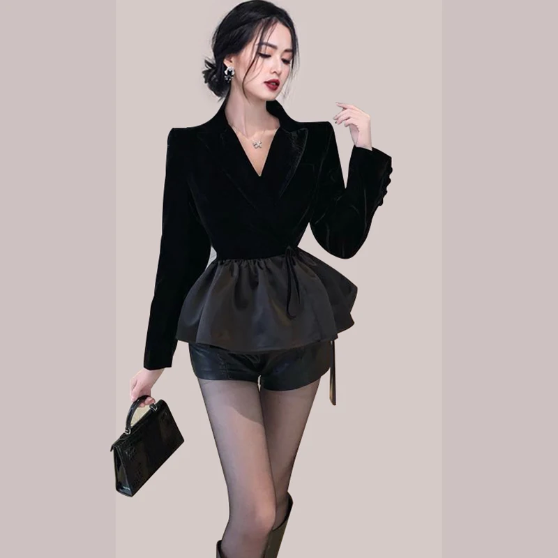 New Fashion Slim Velvet Jacket Coat Women Spring Design Long Sleeve Lace Up Splicing Ruffle Ladies Solid Color Top