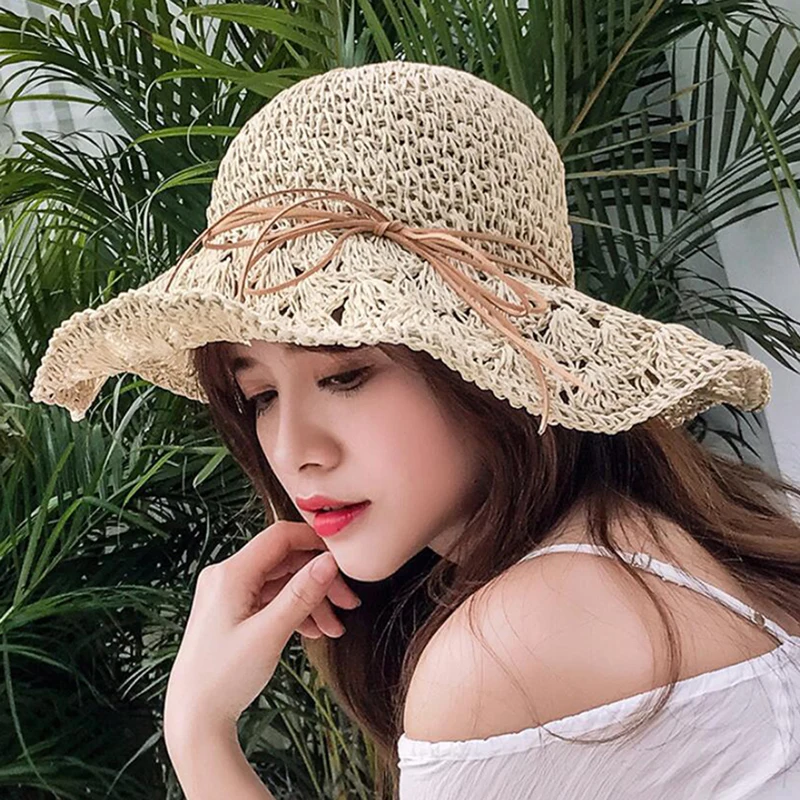 Summer New Women\'s Sun Hat Bucket cap Ribbon Flat top Straw Hats Beach Caps Panama Women Sun Hat Large Brim Straw Outdoor Hat