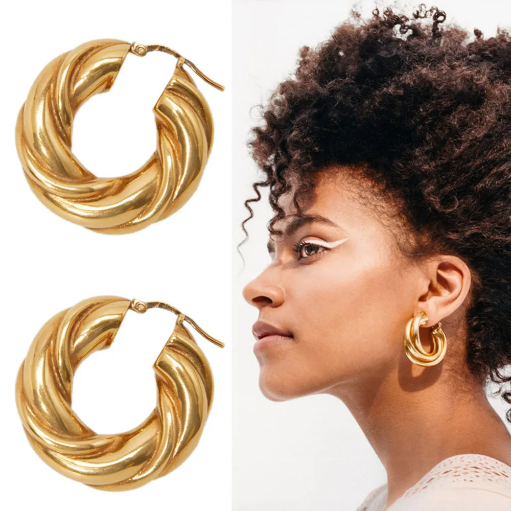 Chunky thick twist gold hoop earrings for French style classic fashion