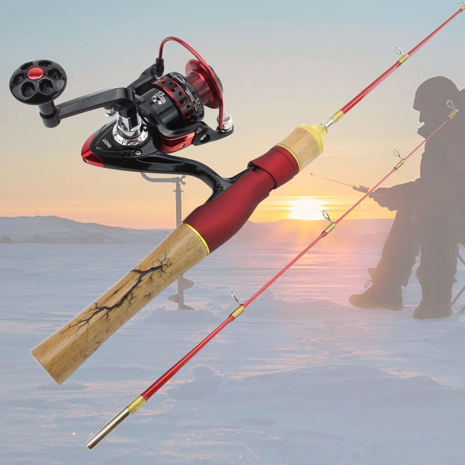 58cm Winter fishing Rod Reel Combos Beautiful ice fishing rod 2000 reel Wooden handle Flat tips ultrashort MINI Boat pole