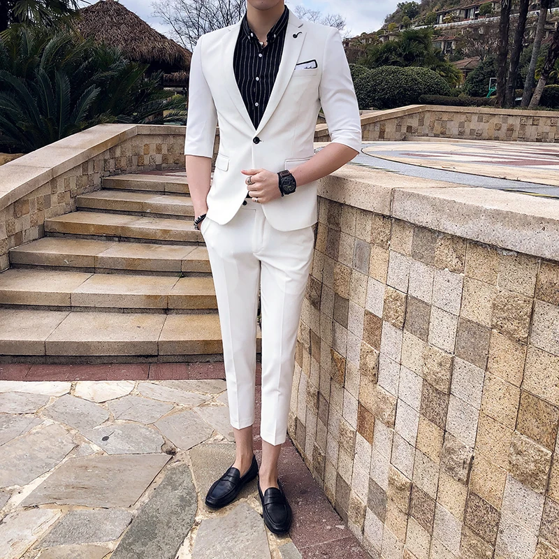 

British Style Jacket Pant Suit Men Slim Fit Fashion 2020 Spring Summer Half Sleeve Wedding Suits for Men Club Tuxedo Dress 2XL-M