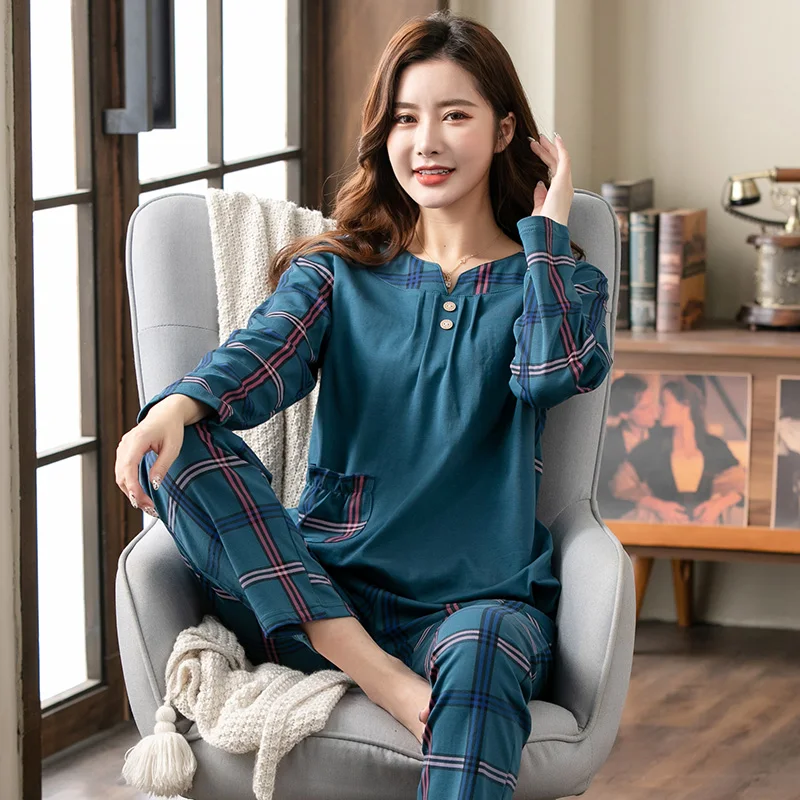 Pyjamas Female Lattice Stitching Pure Cotton Fashion Women Long Sleeve Pajamas Set 2Piece/set Sexy Spring Home Lounge Gift XXXXL