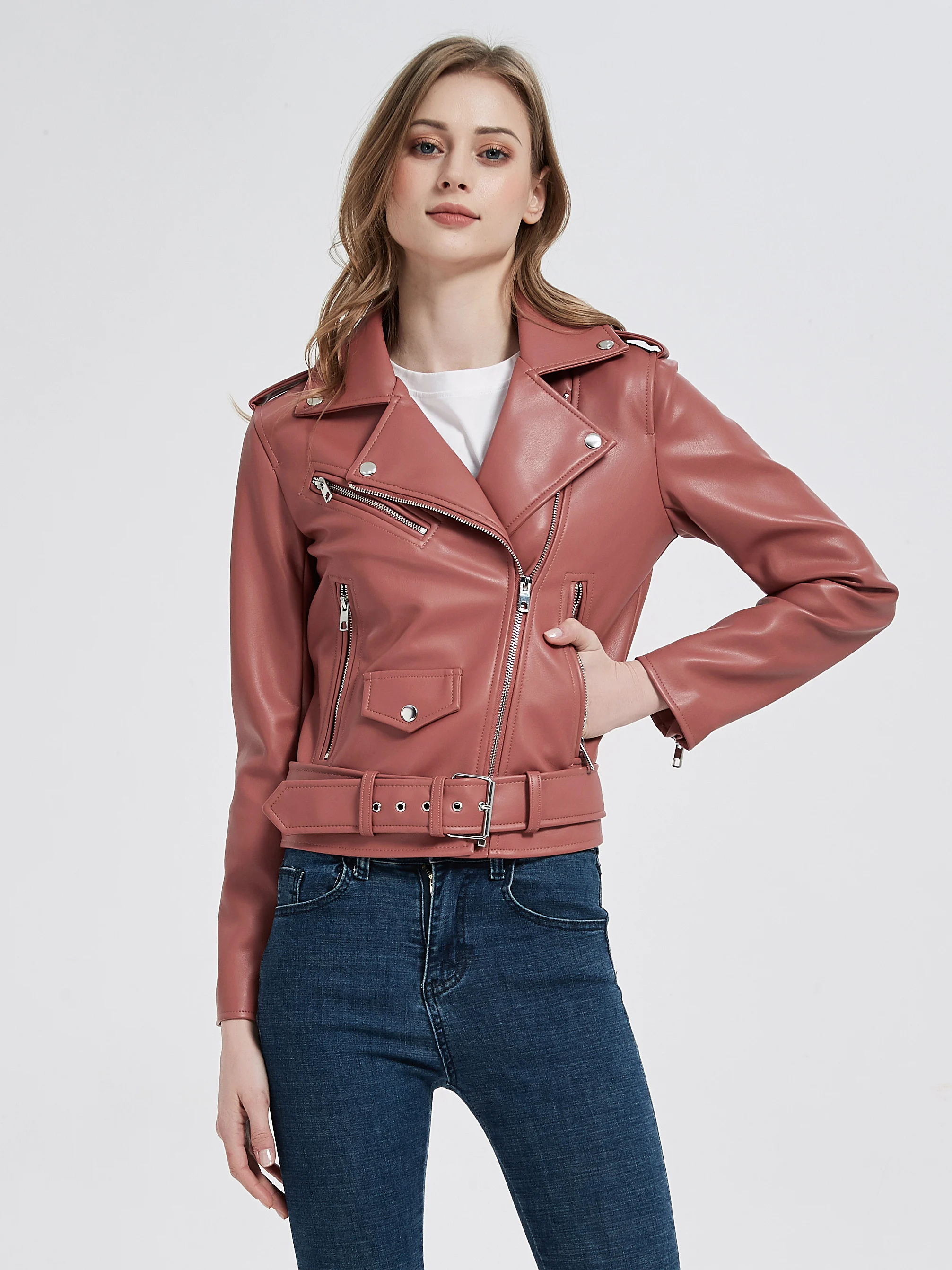 New Women Spring Autumn Beige Black Pink Faux Leather Jackets Zipper Basic Coat Turn-down Collar Motor Biker Jacket With Belt