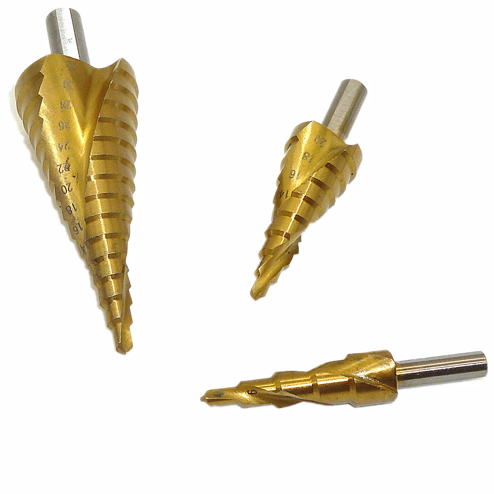 

3 Piece Hss Step Cone Drill Titanium Bit Set Hole Cutter 4-12mm 4-20mm 4-32mm Triangle Shank Industrial Metal Cone Drill Bits