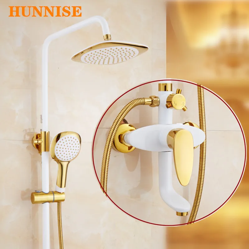 

Bathroom Shower System White Gold Rainfall Shower Set 8 Inch Shower Head Brass Bathroom Bathtub Fauet White Bath Shower Set