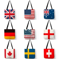 Strong Personalized High Fashion Women Handbag National Flag Country Printed Linen Shoulder Bags Reusable Shopping Tote Bag