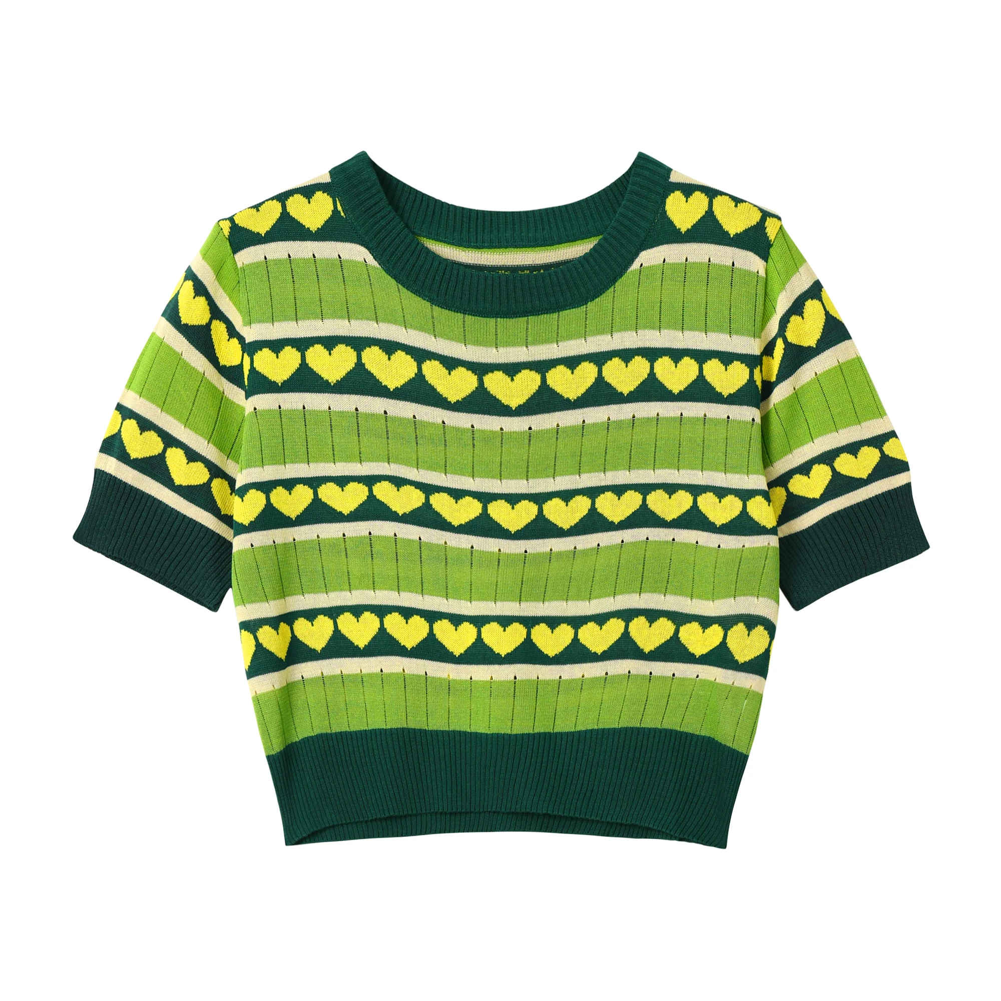 Makuluya Thin Sweet Cute Avocado Green Heart-Shaped Embroidered Pattern Short Sleeve Knitted Hollow Out Sweaters Pullover Tops L