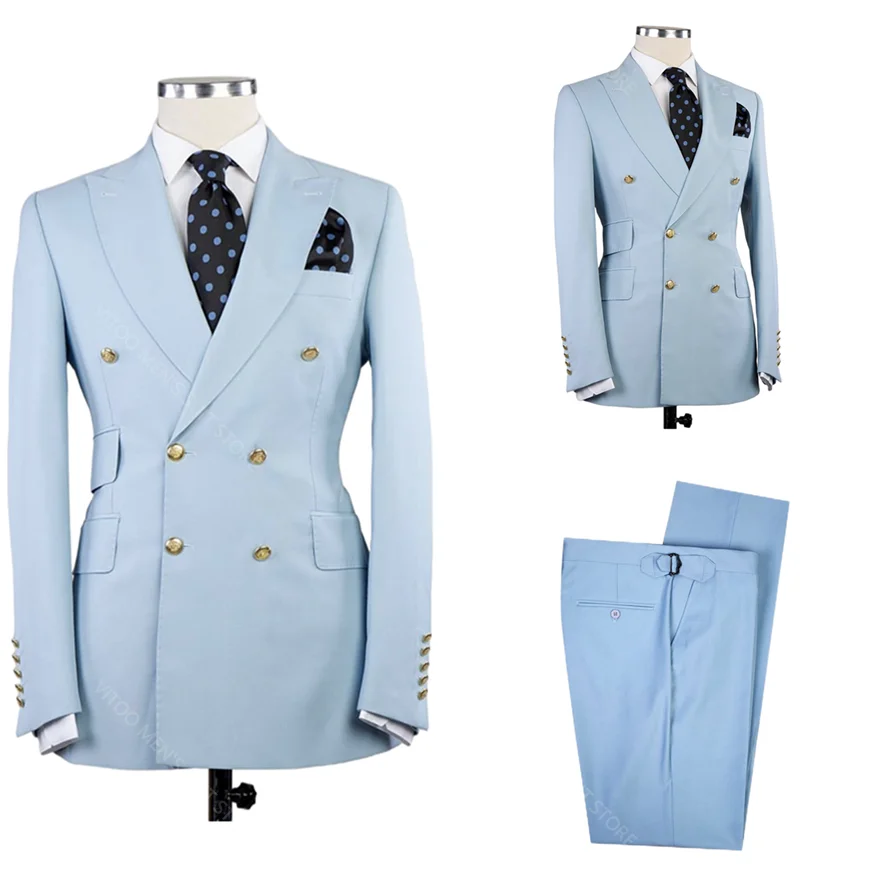 

2 Piece Spring Sky Blue Men Suits Slim Fit Double-Breasted Blazer Male Clothing Wedding Suit For Men Costume Homme Set