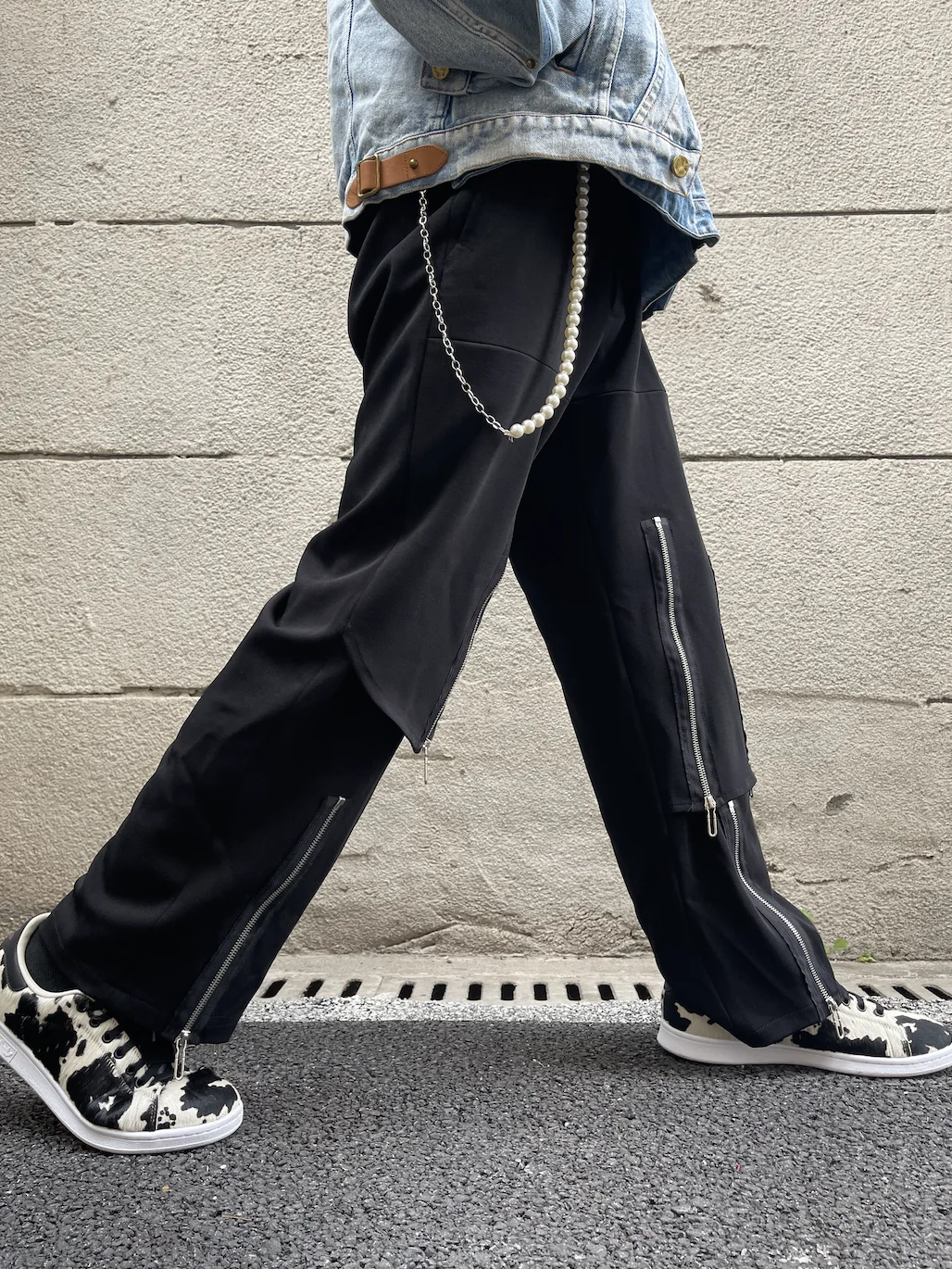 M-6XL! The youth popular loose casual solid color black trousers non-slim men's pants trend 2 layers of multi-zipper men's pants