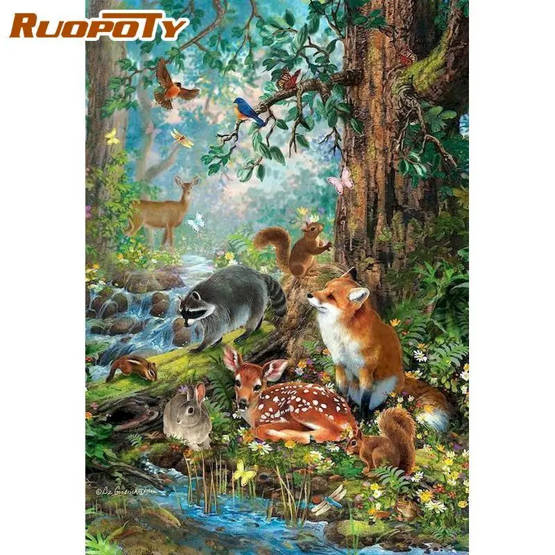 RUOPOTY Malerei Durch Zahlen Rahmen Wald Und Tier 60x75cm DIY Ölfarben Kits Zeichnung Auf Leinwand Hause room Decor Wand Kunstwerk