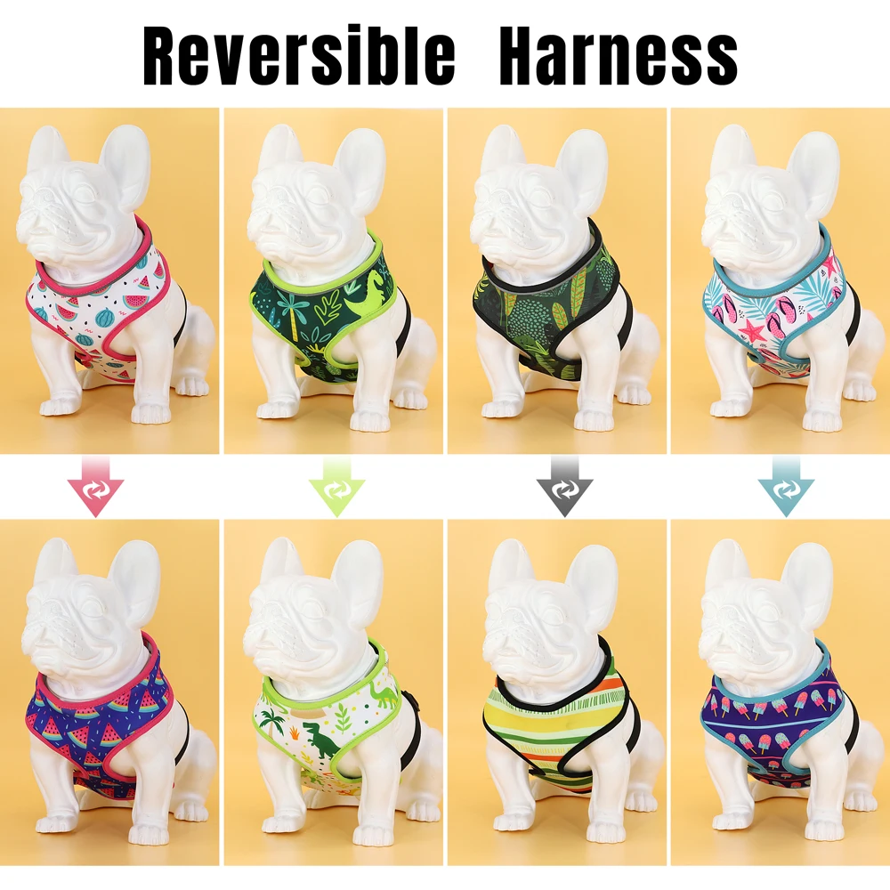 Cute Printed French Bulldog Pug Chihuahua Dog Cat Harness Adjustable Puppy Harness Vest Reversible For Small Medium Dogs Cats