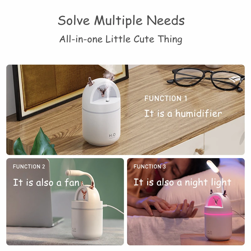 280ML Cute Deer Air Humidifier Aroma Essential Oil Diffusor Ultrasonic USB Fog Sprayer Home Office Purifier with Colorful Lights