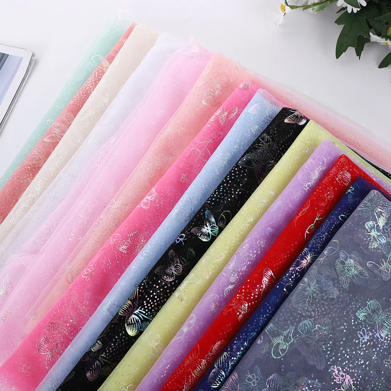 1Meter Colorful Butterfly Printed Tulle Organza Mesh Fabric DIY Handmade Baby Girl Dress Skirt Headband Garment Sewing Material