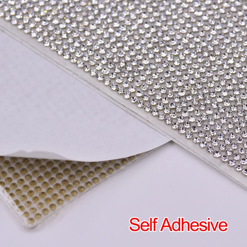 JUNAO 24*40cm SS6 SS8 Glass Crystal Rhinestones Mesh Sticker Clear Crystal Trim Banding Strass Beaded Applique for Decoration