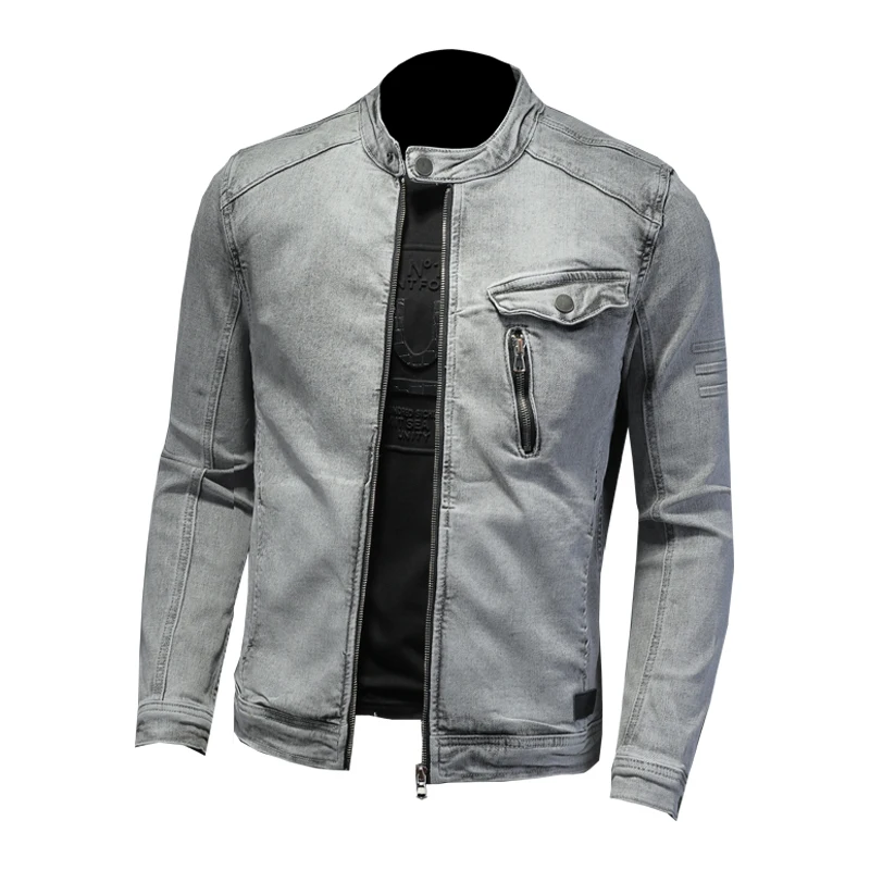 Men Moto Biker Streetwear Denim Jackets Men Vintage Grey Bomber Jacket Outwear Male Casual Cotton Stand Collar Denim Coats