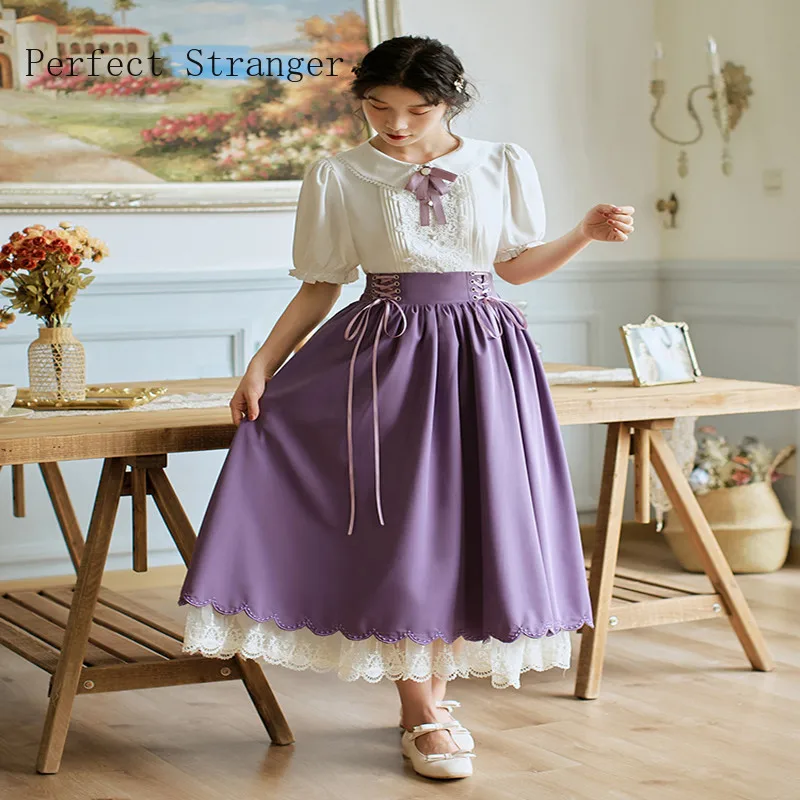 2021 Summer New Arrival Retro Peter Pan Collar Puff Sleeve Lace Embroidery Blouse +Long Skirt   Woman Dress Suits