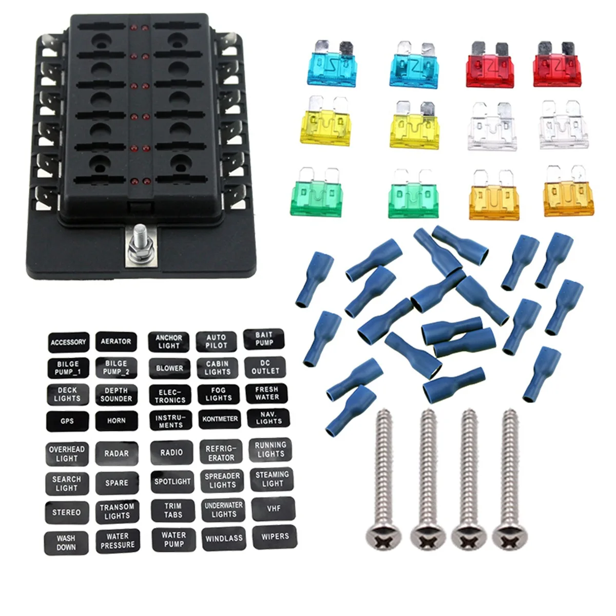 12 Way Light Fuse box Block and PC terminal block and Medium fuse and 10pcs Blue terminals for Accessories on Cars, Truck, Motor