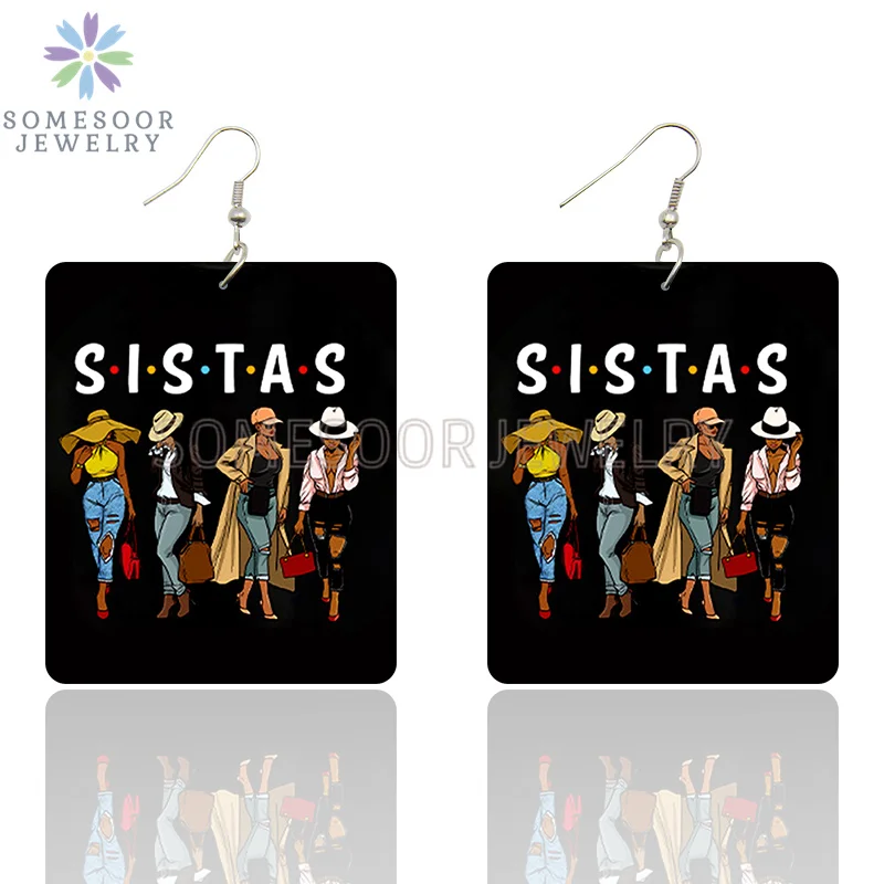 

SOMESOOR Afro Girl Curly Sistas Wooden Drop Earrings African Tribal Black Fashion Lady Pendant Dangle Jewelry For Women Gift