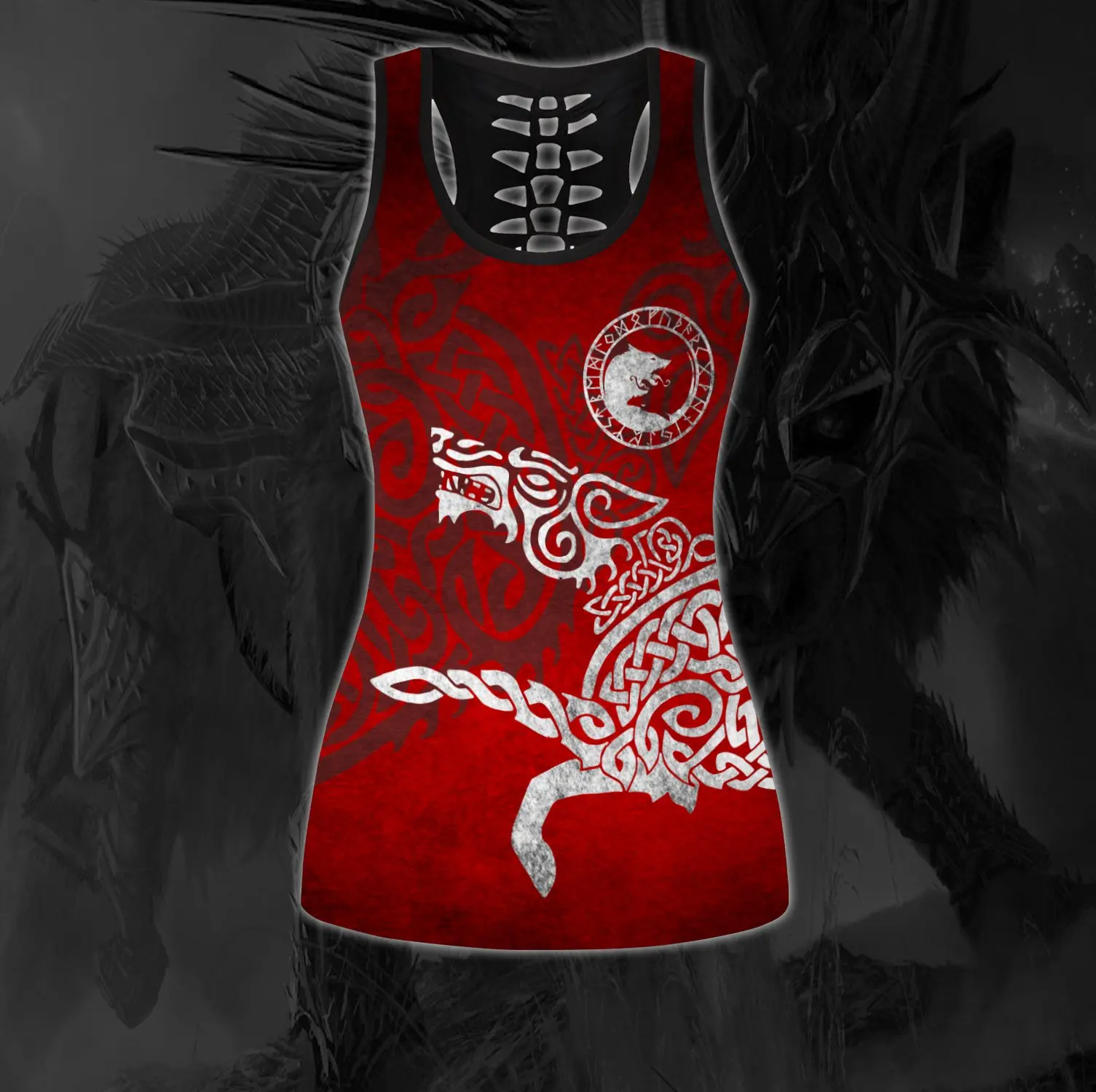 Tatoo Wolf Red 3D All Over Printed Hollow Tank Top & Leggings Set Fitness Female Full Length Leggings Running Pants DDK51