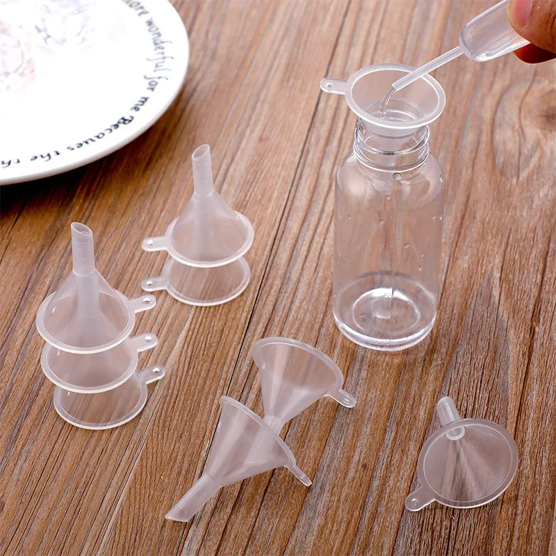 Mini embudo de plástico transparente para líquidos, herramientas de dispensador de aceites esenciales para perfume y laboratorio, 10 Uds.