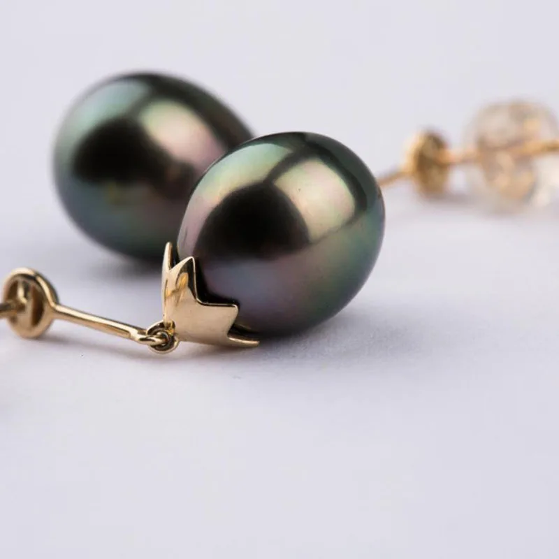 Free Shipping Luminous 9.5*11.5mm Green Genuine Tahitian Pearl Drop Earrings 14K Yellow Gold