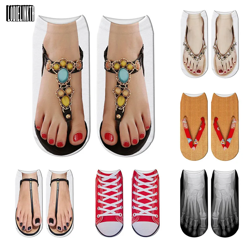 3D Printed Summer Women Socks Skull Canvas Shoes Toe Flip Flops Funny Ankle Socks Casual Cute Happy Pure Cotton Socks For Men