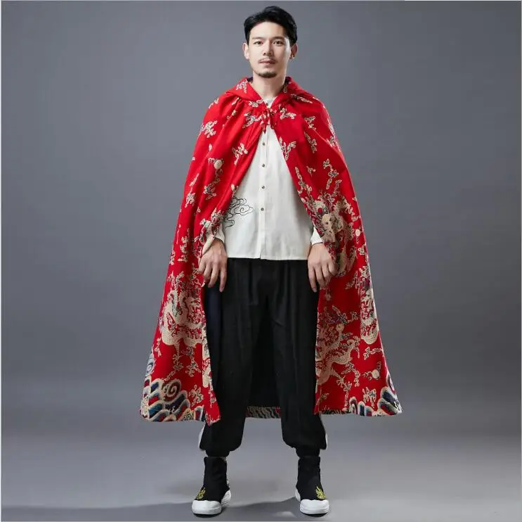 Oriental Dragon printed Plush Cape spring  Autumn Chinese style clothing  Hemp cotton Cloack ancient costume for Overseas Asian