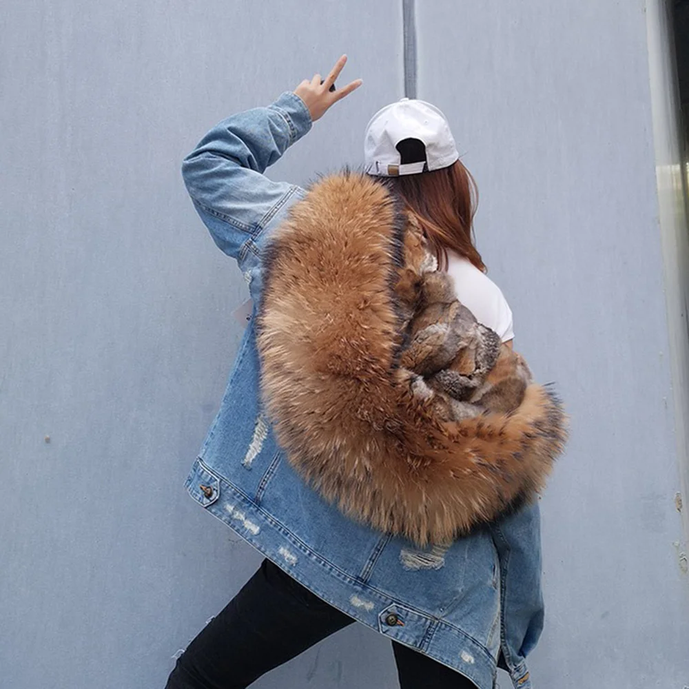 Maomaokong 2023 New Denim Fur Jacket Rabbit fur Liner Fox Fur Collar Coat Female Winter Coat Fashion Women Street Clothing