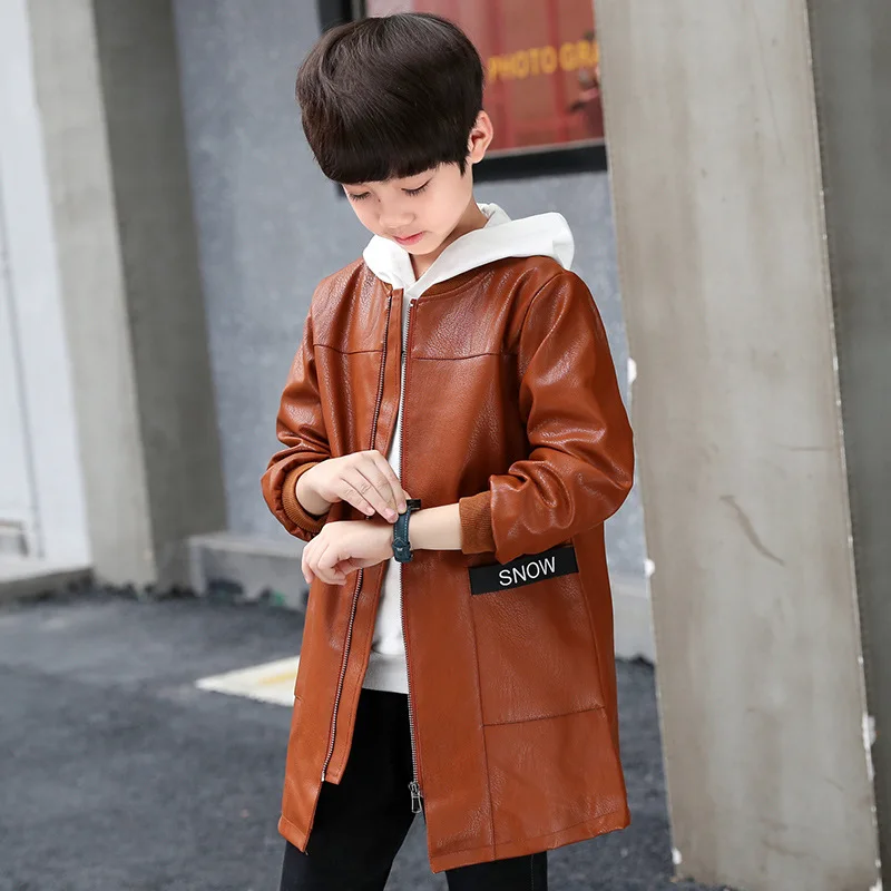 Manteau d'automne en cuir à coupe longue pour enfants, vêtement pour garçons et grandes filles, Version coréenne décontractée, couleur unie, nouvelle collection