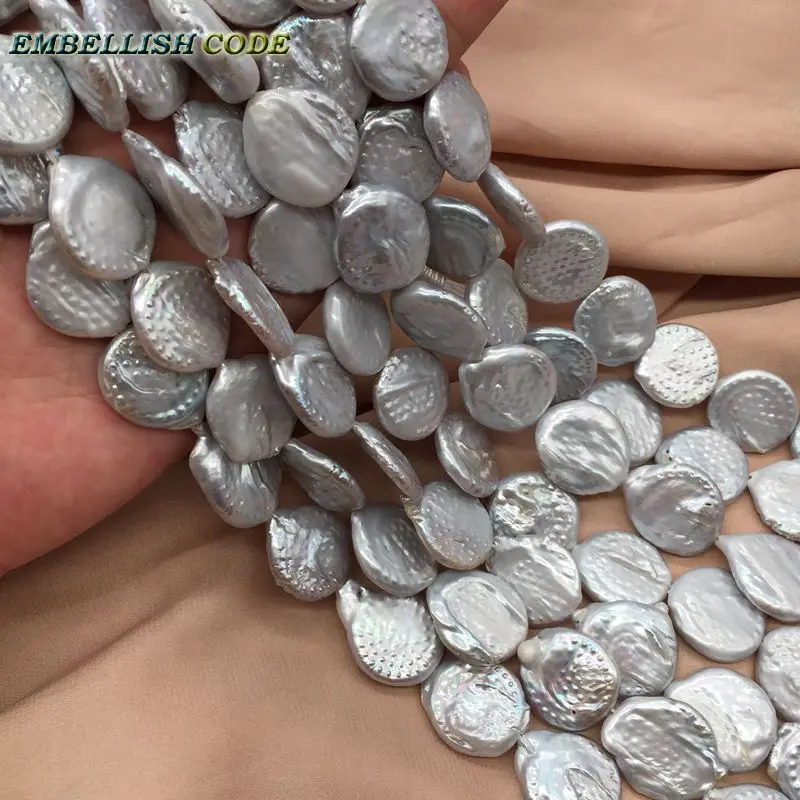 

22mm Large Huge DIY Beads 40cm-41cm Strand About 17pcs/Lot Grey Color Flat Round Coin Shape Freshwater Pearl Some Defect