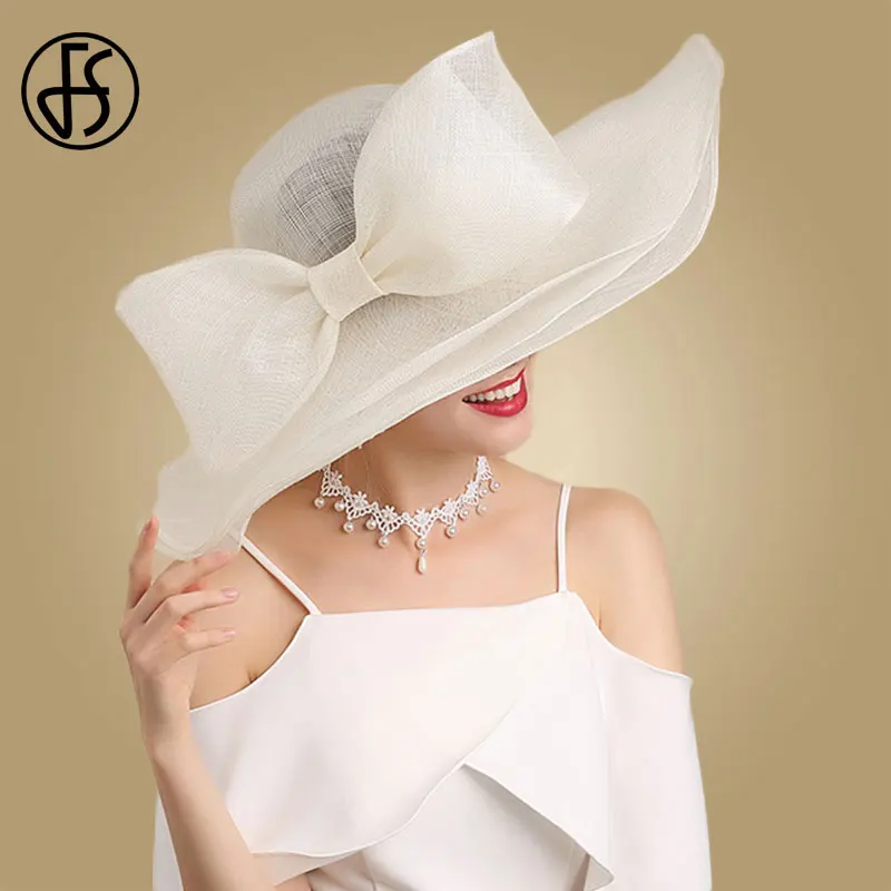 FS Elegant Black And White Fascinator Hats For Wedding Church Sinamay Hats With Big Bowknot Kentucky Derby Hat Fedora Tea Party