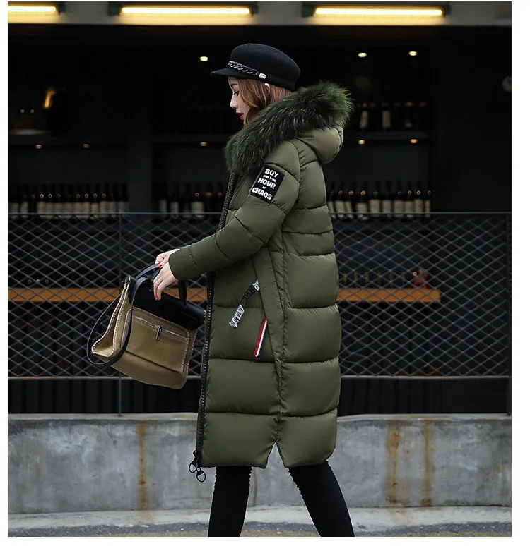 2025 Women's Down Parkas Winter Jacket Big Fur Collar Thick Slim Coat Fashion Hooded Cotton Outerwear Long Winter Woman Coat