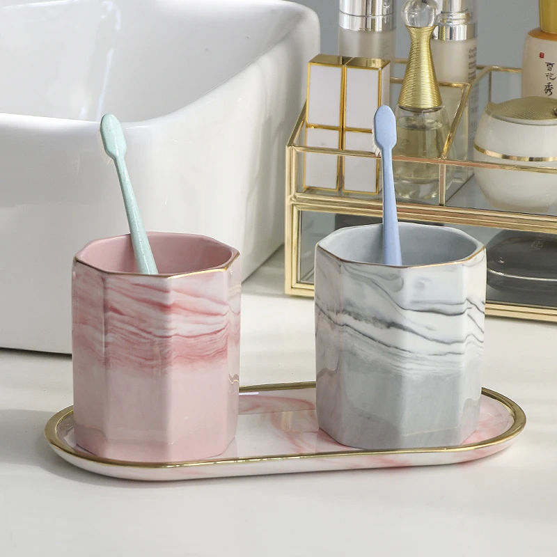 WSHYUFEI A Pair of Marbled Ceramic Mouthwash Cups Couple Cups Wash Cups Brushing Cups Water Cups Light Luxury Ins Style Bathroom