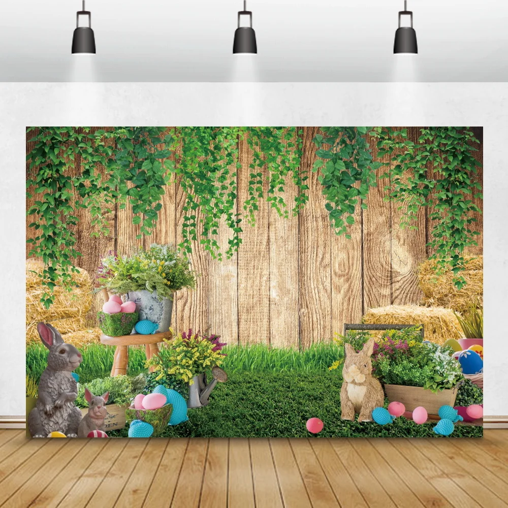 

Spring Plant Lawn Easter Rabbit Eggs Wood Board Background Interior Photography Prop Baby Party Children Portrait Photo Backdrop