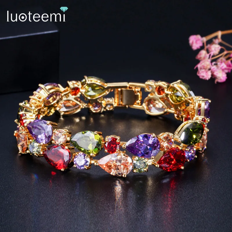 LUOTEEMI Luxury Rose Gold Gold Color My Mona Lisa Multicolor CZ stones Big Crystal Charm Bracelet Chic Bangle For Women Wedding