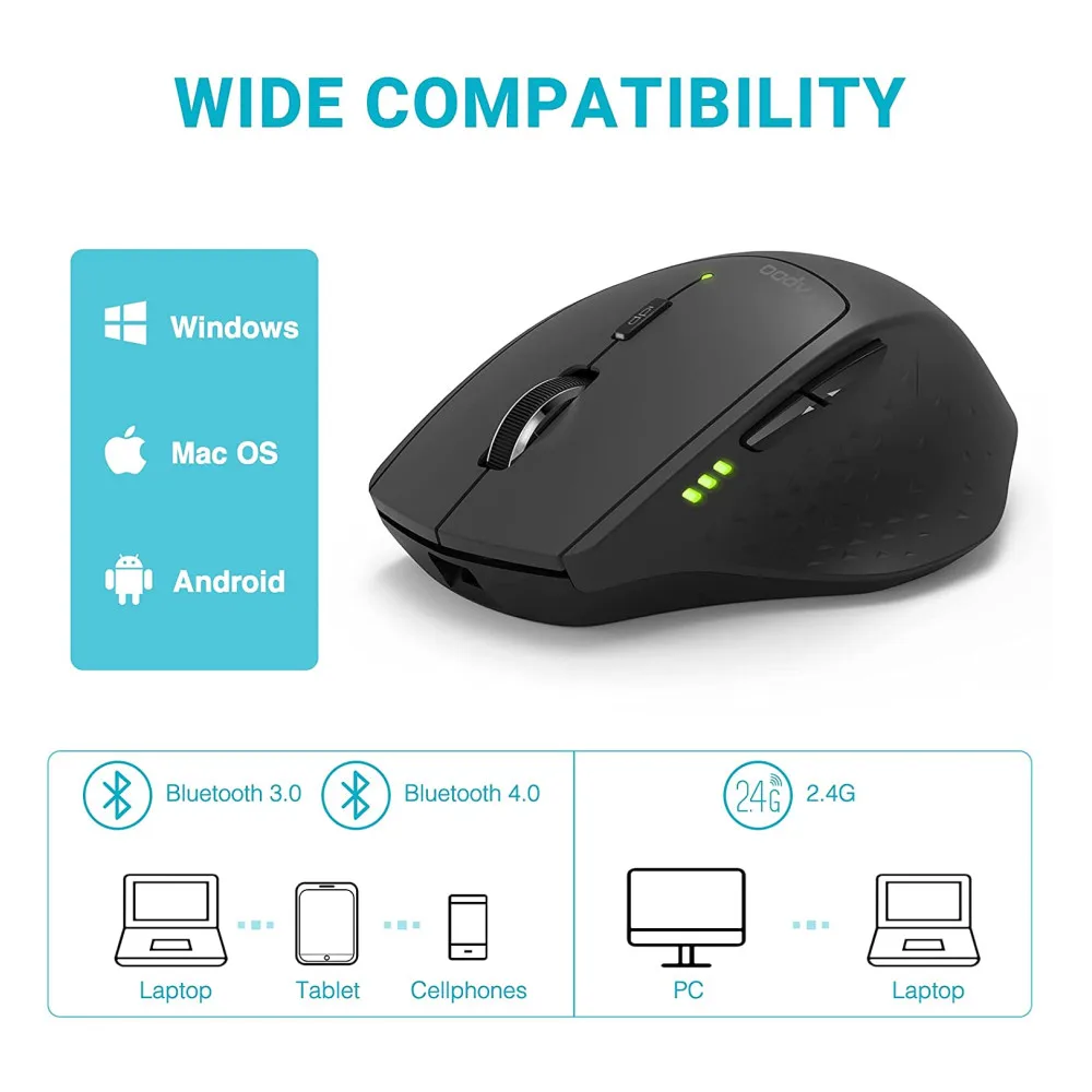 Rapoo Bluetooth Mice Multi-mode Wireless Mouse Switch between BT3.0/4.0 and 2.4G with Four Devices Connect for Mac and Windows