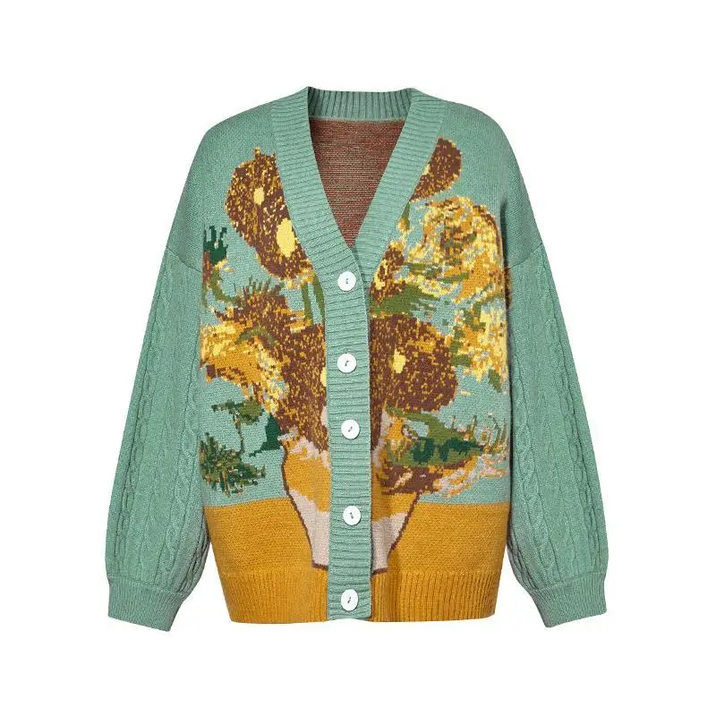 Van Gogh Sunflower Vintage Sleeve Cardigan Knit Sweater 2021 Women Elegant Luxury Embroidery Knitwear Sweaters Streetwear Tops