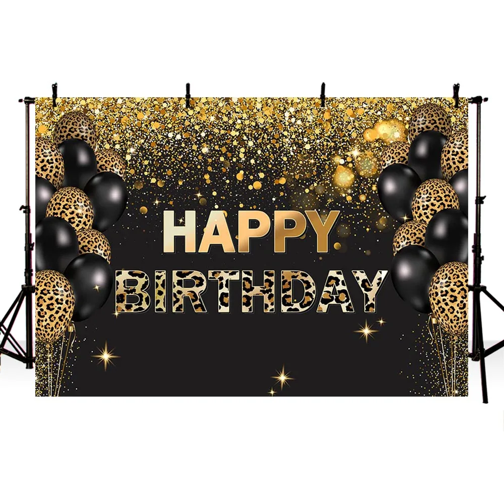Avezano sfondo della festa di compleanno in oro nero per la fotografia palloncini leopardati Bokeh Dots Banner sfondo Photo Studio Photophone