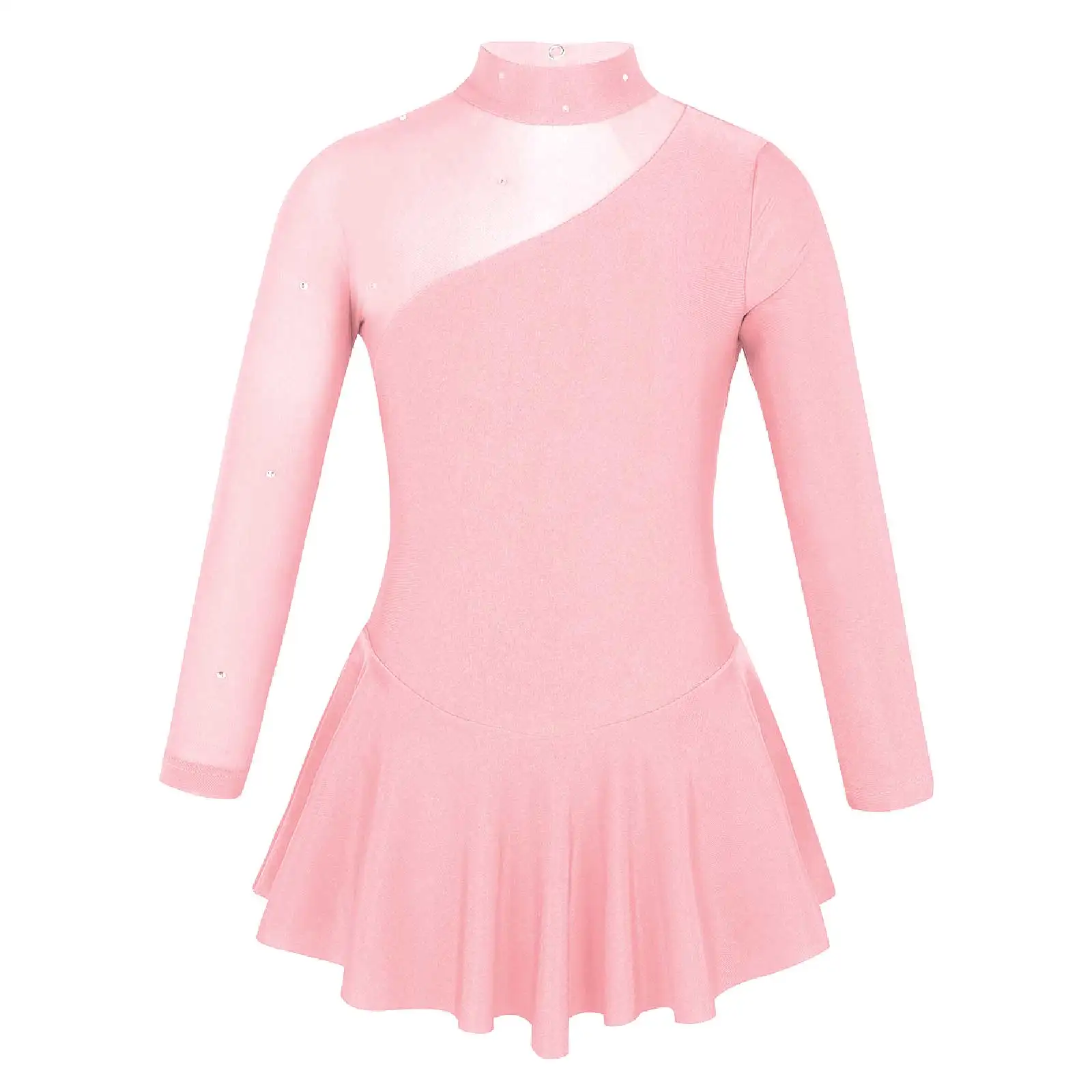 Kids Girls Long Sleeves Gymnastic Leotard Mock Neck Cutouts Back Figure Ice Skating Ballet Ballroom Dance Dress