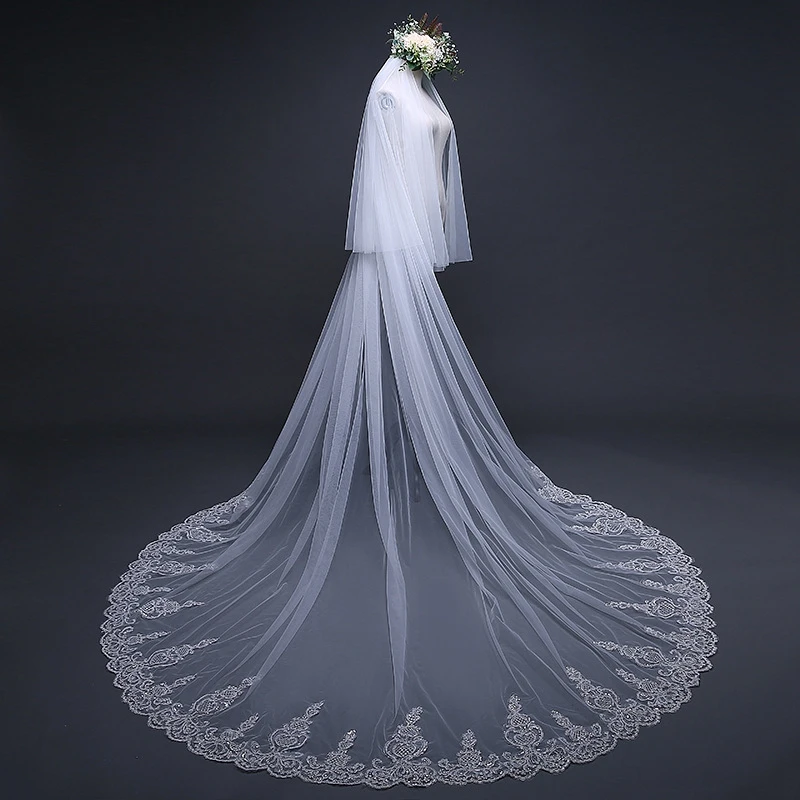 New Arrival White Ivory Wedding veils Lace Applique Cathedral Bridal veil with Comb Two Layer Veu de noiva longo Schleier