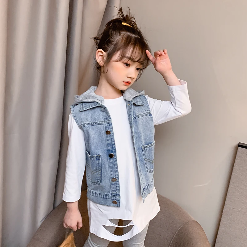 

Girls Denim Vest Hooded 4-14Y Children Coat Girls Teenager Kids Cowboy Vest Waistcoat Sleeveless Jean Jackets Child Outerwear