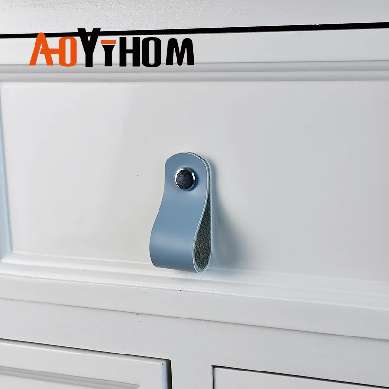AOYIHOM Kitchen Cabinet Storage Pull Light Blue Leather Furniture Handle Used for Indoor Living Room Drawer Wardrobe Door Knob