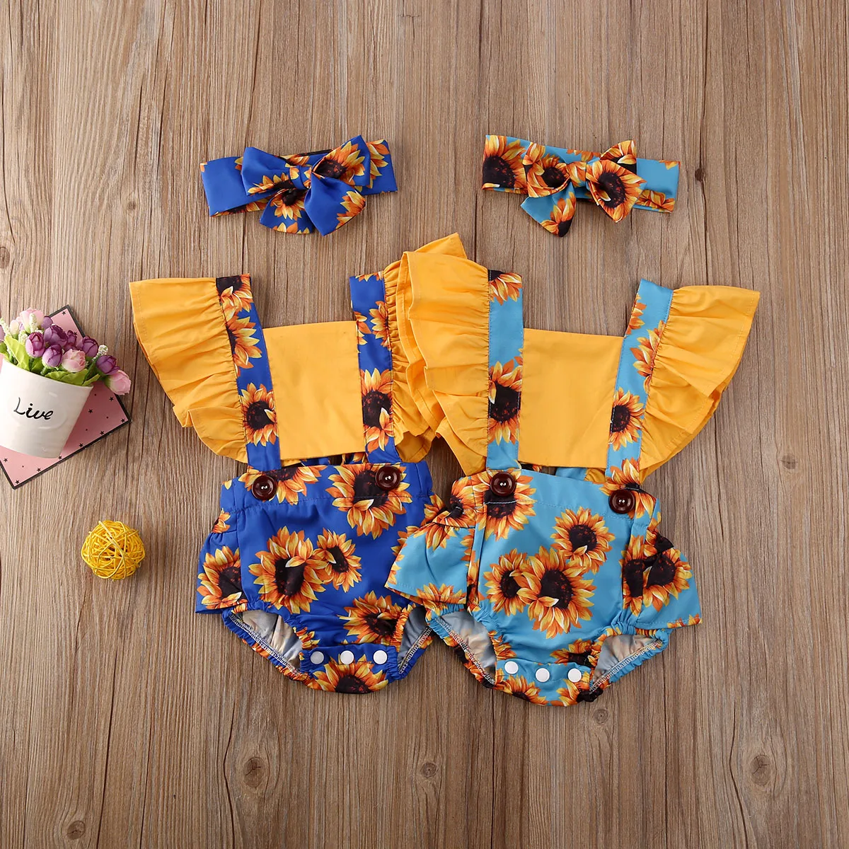 

Mildsown Newborn Baby Girls Sleeveless Sunflower Romper Tops Square Neck Jumpsuit Headband Outfit Baby Summer Clothes 0-24M