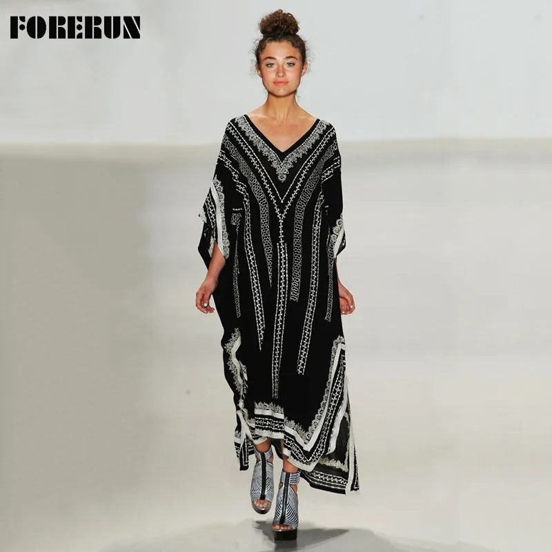 

FORERUN Bohemian Kaftan Beach Dress Women Printed V Neck Loose Long Vestidos De Playa Tunic Beachwear Bathing Suit Cover Ups