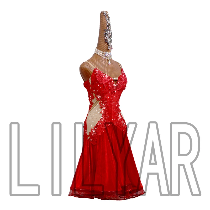 New Latin Dance Competition Performance  Adult Red Backless Red Embroidered Dance Dress